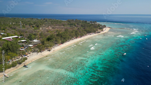Amazing aerial view of Gili Trawangan coastline on a sunny day, Indonesia