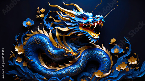 Chinese dragon with Blue flowers © Design Squad