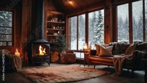 winter forest, chimney place inside wooden cabin with window view to the snow fall photo