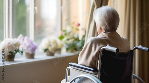 Une personne âgée de dos en fauteuil roulant qui regarde par la fenêtre. photo