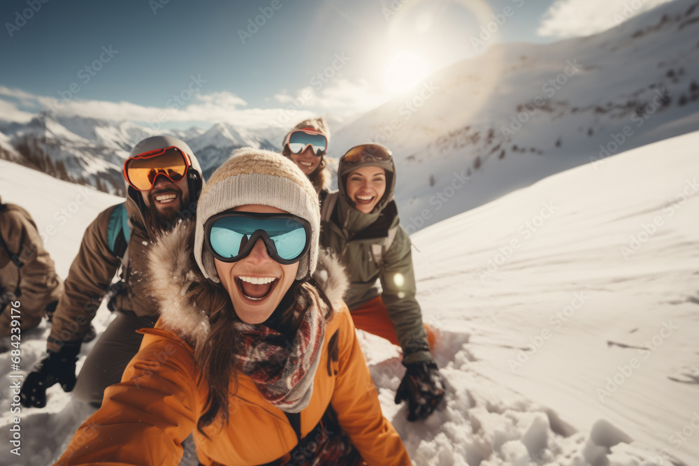 Adventurers Conquering the Majestic Snowy Peak with Joy and Determination