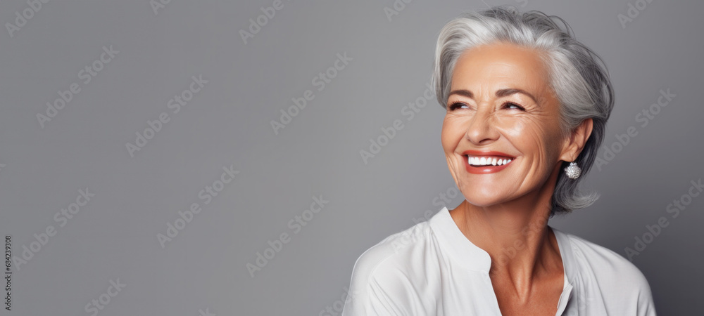 Middle age beautiful woman with stylish short haircut, female model hairstyle on gray background, health care concept Middle age beautiful woman with stylish short haircut, female model hairstyle on gray background, health care concept
