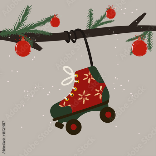 Flat Design Illustration with  Roller Skates and Branch, Decoration