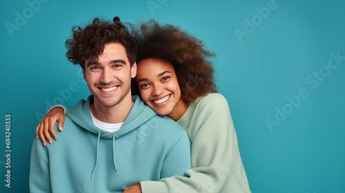 Hugging happy young couple. Generative AI © Olga