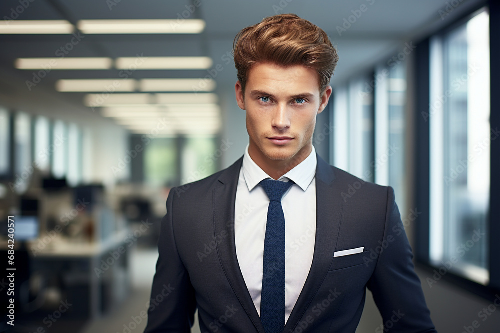 Young entrepreneur, businessman in a suit, analyzing marketing strategies in the office