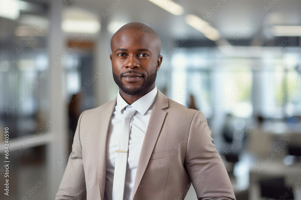 Businessman, African American entrepreneur, young and successful, standing in a modern office Businessman, African American entrepreneur, young and successful, standing in a modern office