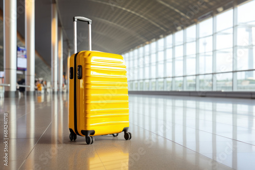 Yellow modern suitcase. Airport interior in the background