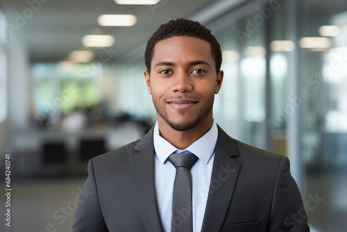 Businessman, African American executive, smiling and happy in a modern office