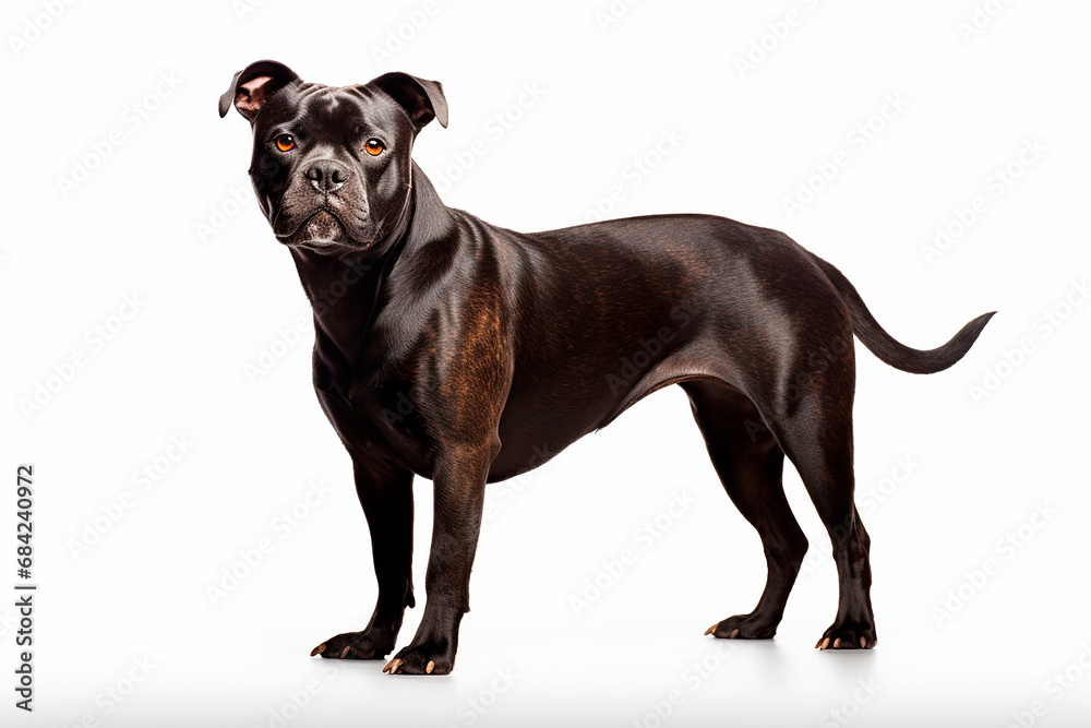 Fototapeta premium Staffordshire Bull terrier dog standing on a white background. Animal left-side portrait.