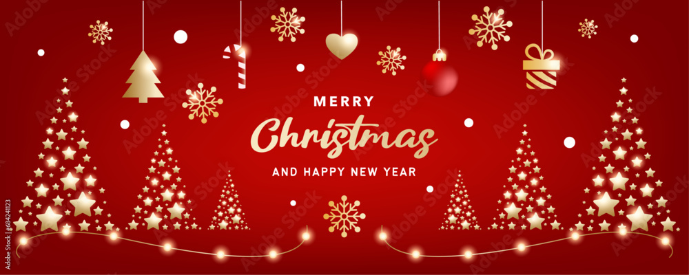 Christmas and New Year background with decorations and fir trees. Merry Christmas and Happy New Year greetings in vector.