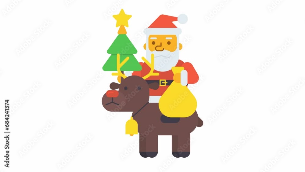 Santa sitting on reindeer holding gift bag and Christmas tree. Alpha channel Santa sitting on reindeer holding gift bag and Christmas tree. Alpha channel