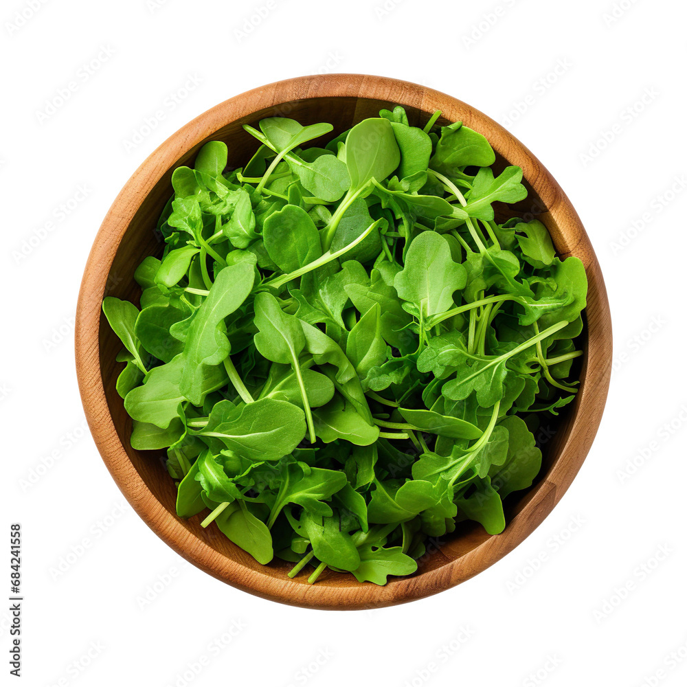 top view of arugula vegetable in a wooden bowl isolated on a white transparent background top view of arugula vegetable in a wooden bowl isolated on a white transparent background