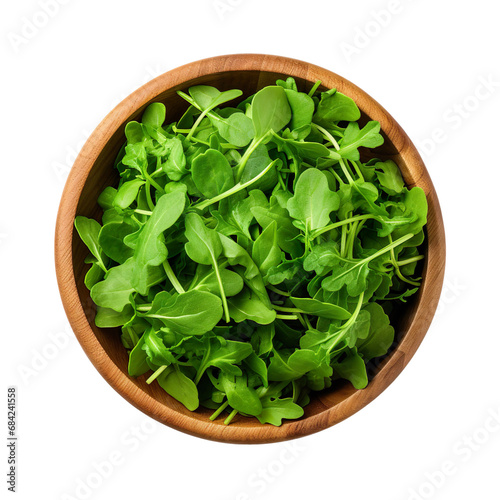 top view of arugula vegetable in a wooden bowl isolated on a white transparent background 