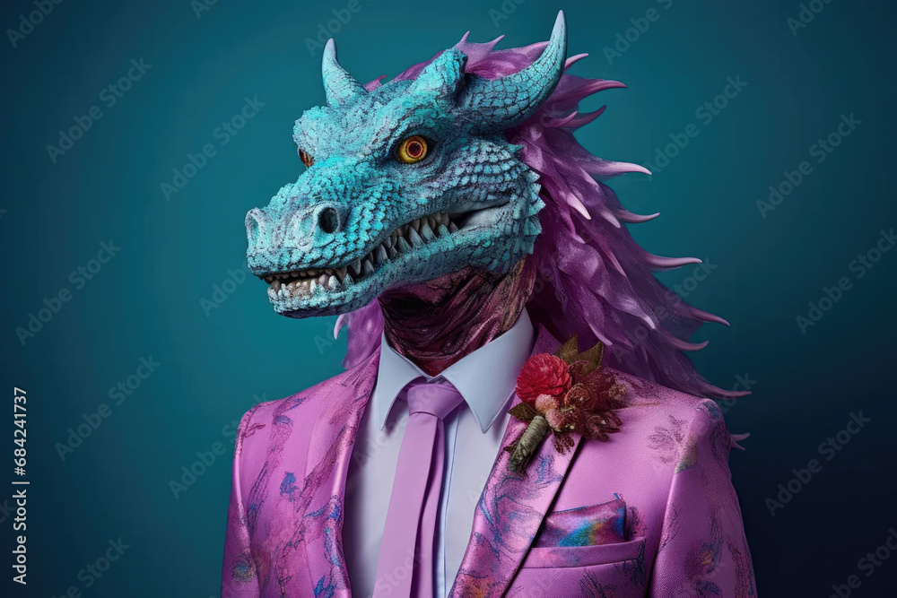 dragon wearing colorful suit and tie on dark blue background