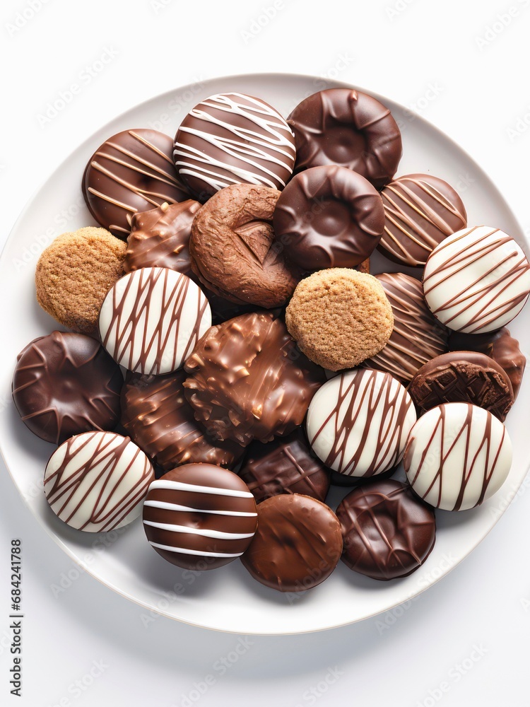Top view of plate with chocolate cookies on white background.