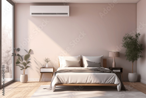 green energy heat pump AC sustainable modern bedroom with bed	