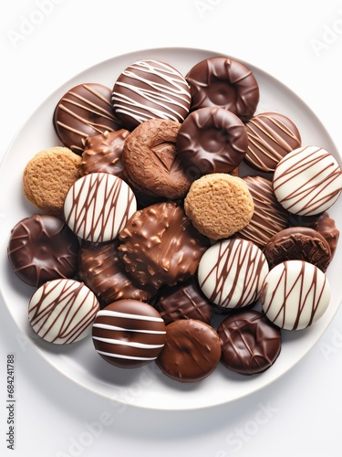 Top view of plate with chocolate cookies on white background.