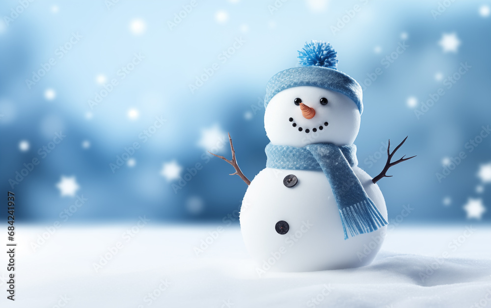 snowman with blue hat and scarf, blue sky background with snowflakes in the shape of stars