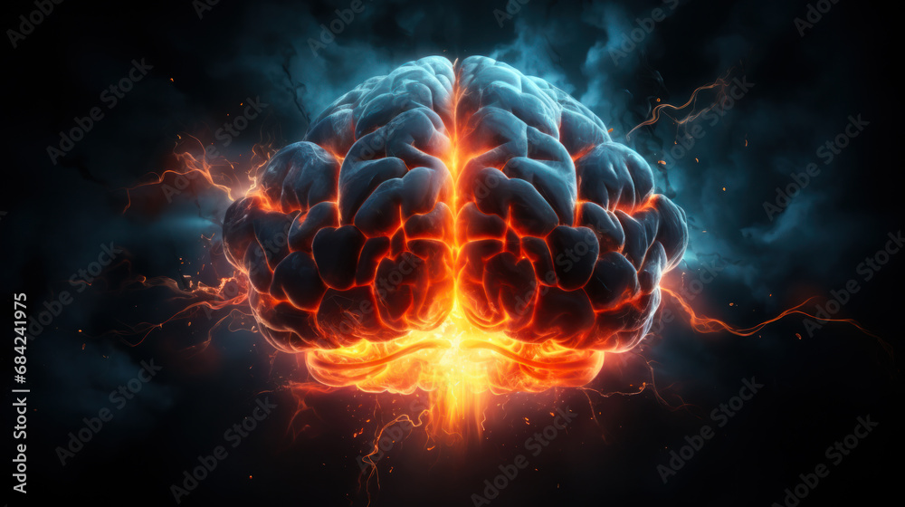 Brain on fire. Brain explosion with fire, sparks and smoke. Concept of degenerative cognitive diseases. Treatment of brain powers. Migraine, headache. - obrazy, fototapety, plakaty 