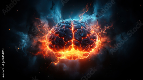 Brain on fire. Brain explosion with fire, sparks and smoke. Concept of degenerative cognitive diseases. Treatment of brain powers. Migraine, headache. #684241931