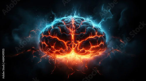 Brain on fire. Brain explosion with fire, sparks and smoke. Concept of degenerative cognitive diseases. Treatment of brain powers. Migraine, headache.