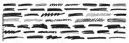 Underline brushstroke set, doodle line scribble, black pencil vector hand drawn divider collection. Sketch marker border, crayon stripe kit, grunge creative text decoration. Underline brushstroke photo