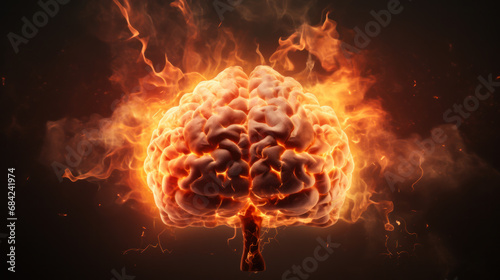 Brain on fire. Brain explosion with fire, sparks and smoke. Concept of degenerative cognitive diseases. Treatment of brain powers. Migraine, headache. photo