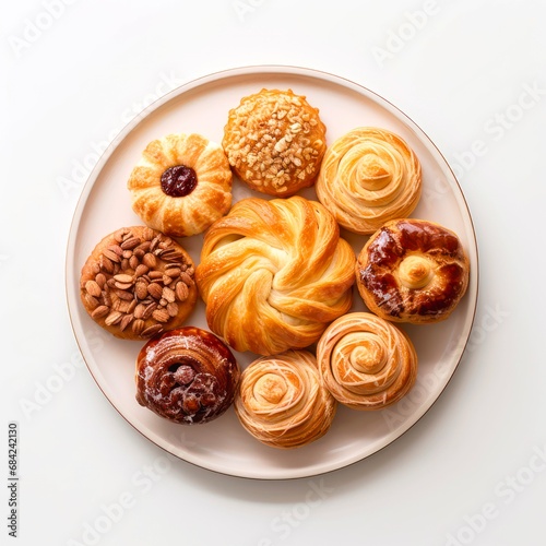 Top view of different pastry on white background.