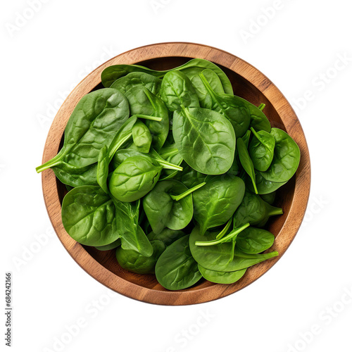 top view of spinach vegetable in a wooden bowl isolated on a white transparent background 