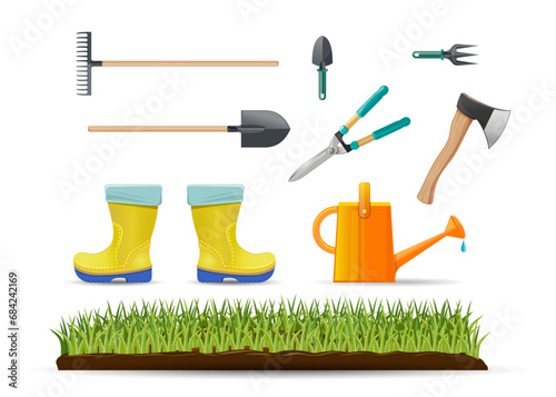 Garden supplies isolated on white background. Vector icons set photo
