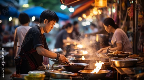 Street vendor cooking, vibrant night market, local cuisine © Increasi