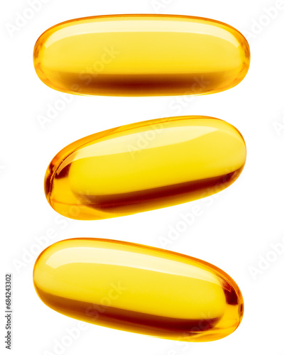 Fish oil pill, omega 3, isolated on white background, clipping path, full depth of field