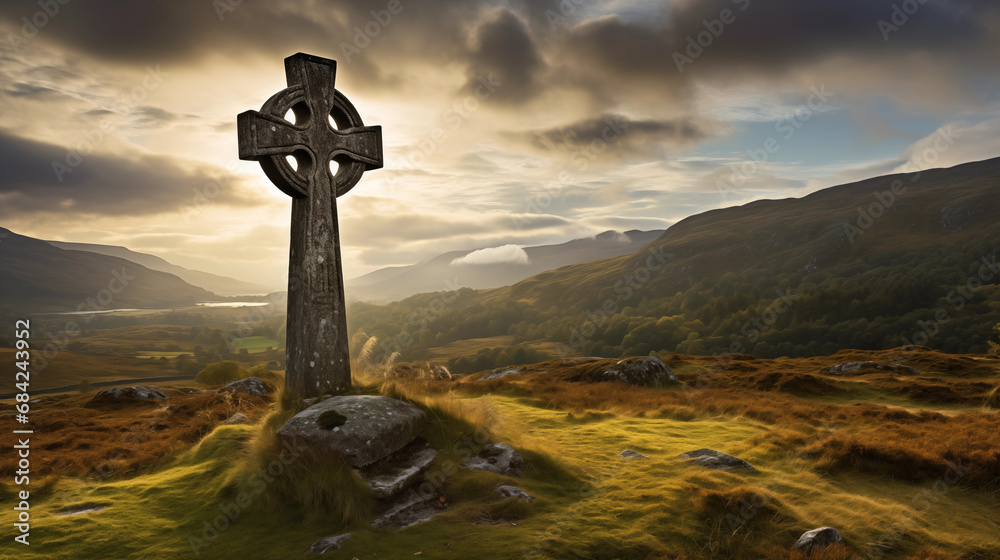 Celtic cross in landscape with mountains	 - obrazy, fototapety, plakaty 