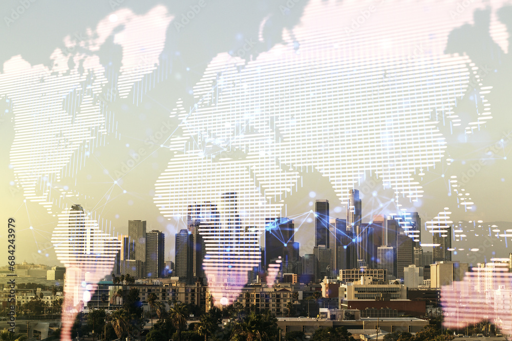 Multi exposure of abstract graphic world map hologram on Los Angeles office buildings background, connection and communication concept