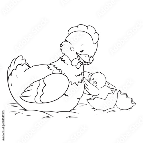 chicken with cute little chicks coloring page, vector illustration for coloring or aktivity books for toddlers aund children