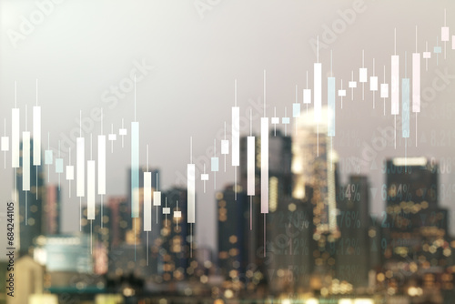 Multi exposure of abstract virtual financial graph hologram on blurry skyline background  forex and investment concept