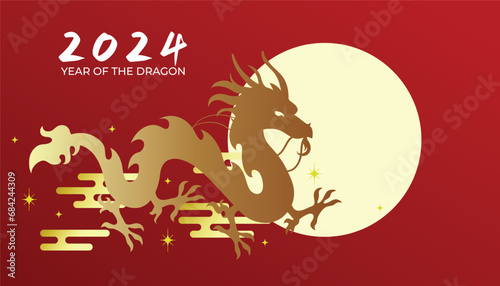 Chinese dragon silhouette with clouds on moon sky. Lunar new year 2024 celebration.