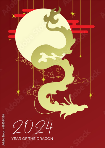 Happy chinese new year 2024 flying dragon. Golden asian dragon shape on red background vector.