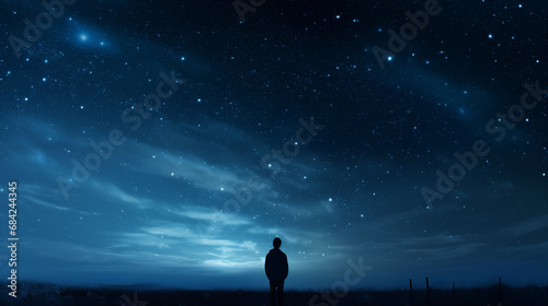Standing and looking at the night sky filled with many stars.