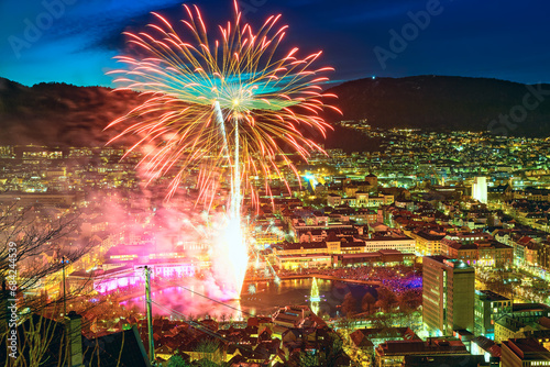 Light festival with fireworks in Bergen, Norway