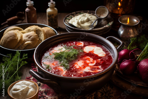 Red borscht traditional dish - barszcz czerwony Christmas food soup with cream warm