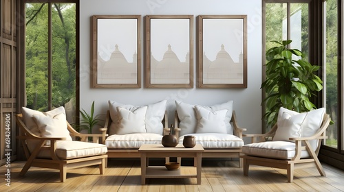 four framed tassels in front of wooden furniture, in the style of large canvas sizes