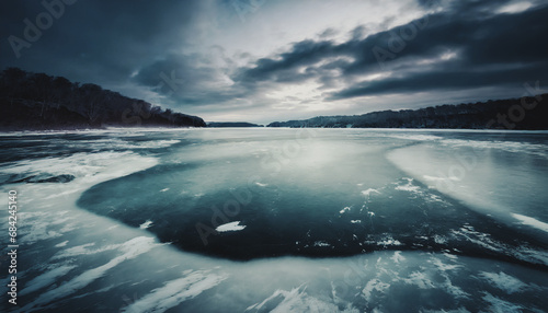 paesaggio invernale con distesa d'acqua ghiacciata, cielo nuvoloso e cupo photo