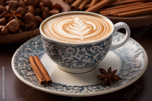 latte coffee art in a blue and white decorated cup cinnamon with star anise