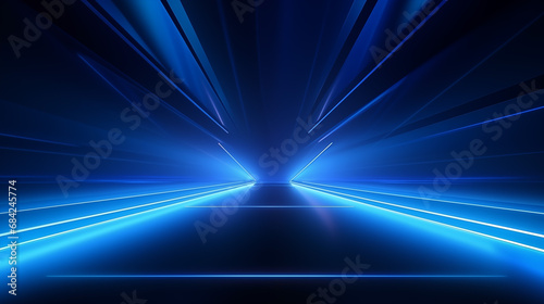 Empty show scene background. Reflection of a dark street on wet asphalt. Rays blue neon light in the dark, neon shapes, smoke. Abstract dark background.