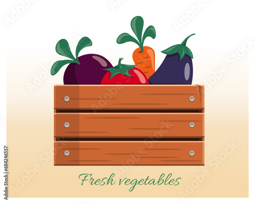 Wooden box with vegetables. Agricultural products in a box logo design. Vector flat illustration