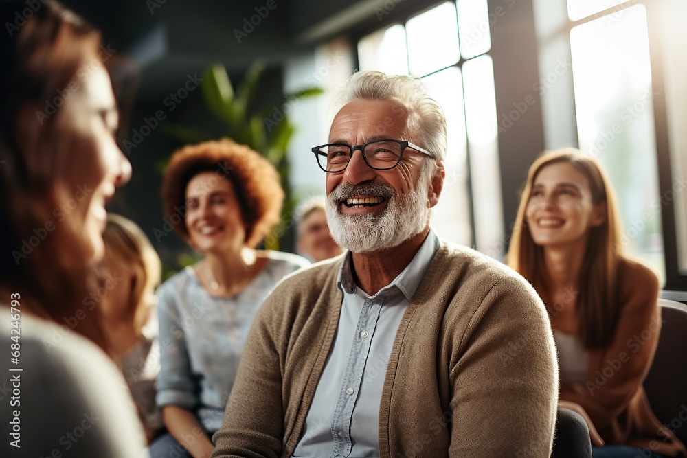 Professional therapists conduct an open group session and a comforting smile, emphasizing the importance of mental health and counseling. Generative ai