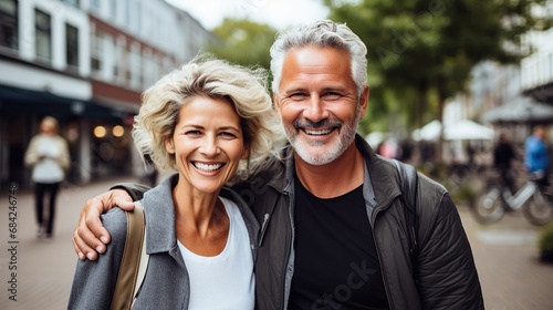 Portrait of happy elderly tourist couple posing for photo outdoors in city. Smiling senior people traveling together on vacation. Man and woman affectionately hugging enjoying a weekend getaway. photo