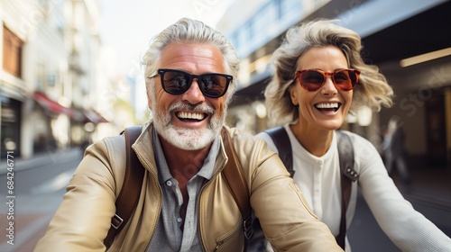 Portrait of happy elderly tourist couple posing for photo outdoors in city. Smiling senior people traveling together on vacation. Man and woman affectionately hugging enjoying a weekend getaway.