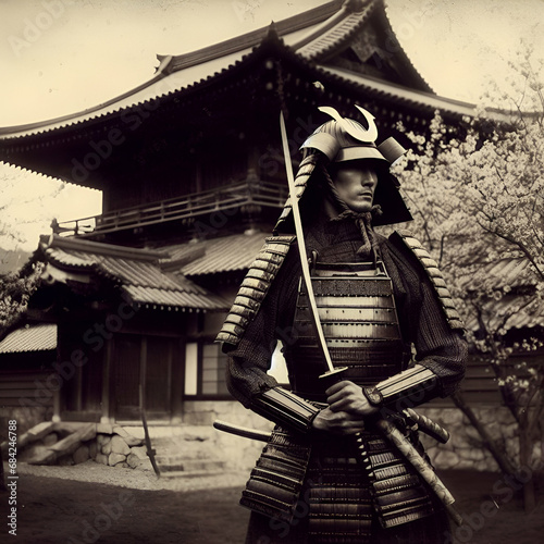 Mystical Terrifying  Martial Ronin Samurai Warrior Demon with Bushido Moral Code Attitude Wearing Demonic Japanese Armor & Holding a Katana Sword Standing in Front of Old Temple Battle Ready Sun Tzu photo